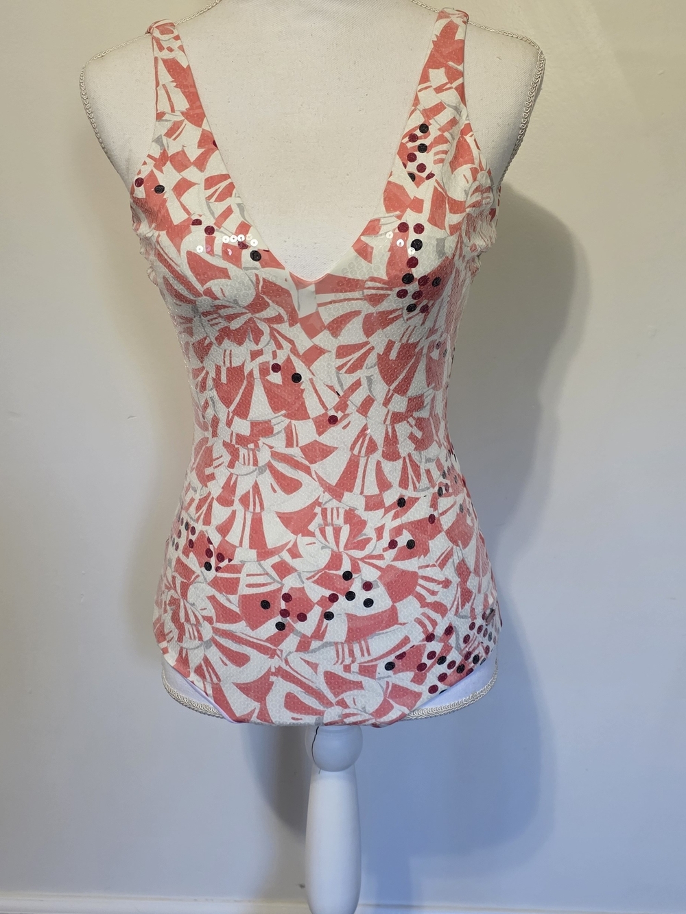 Fendi Coral Floral V-Neck Sequin One Piece Bathingsuit